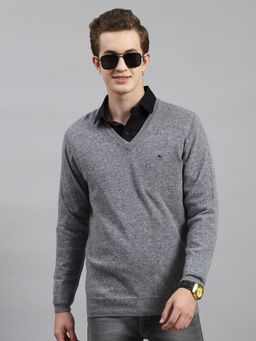 Monte Carlo - Grey Mix Solid V Neck Pullover Sweater