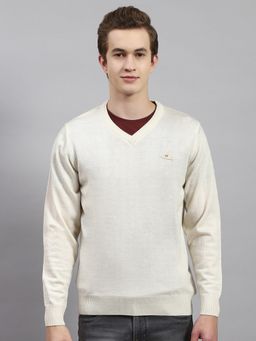 Monte Carlo - Cream Solid V Neck Pullover Sweater