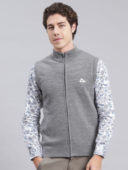 Monte Carlo - M Grey Mixture Solid Stand Collar Sweater