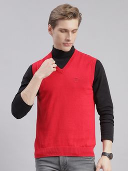 Monte Carlo - Red Solid V Neck Sweater
