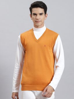 Monte Carlo - Orange Solid V Neck Sweater