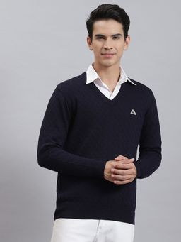 Monte Carlo - Navy Blue Self Design V Neck Sweater