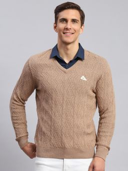 Monte Carlo - Brown Mouse Mix Self Design V Neck Pullover Sweater