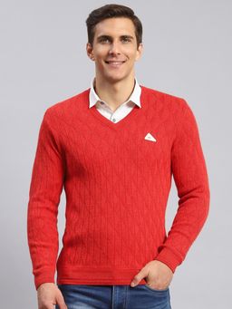 Monte Carlo - Mandarin Red Self Design V Neck Pullover Sweater
