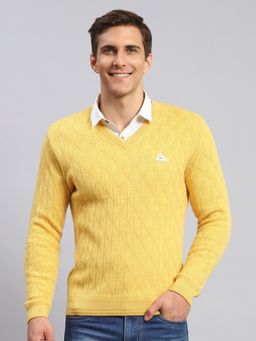 Monte Carlo - Yellow Self Design V Neck Pullover Sweater