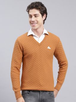 Monte Carlo - Mustard Self Design V Neck Pullover Sweater