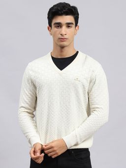 Monte Carlo - Off White Self Design V Neck Sweater
