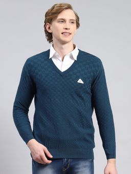 Monte Carlo - Teal Self Design V Neck Sweater