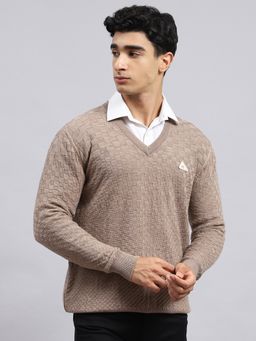 Monte Carlo - Brown Mix Self Design V Neck Sweater