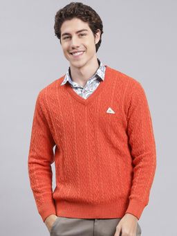 Monte Carlo - Orange Multi Self Design V Neck Pullover Sweater