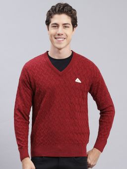 Monte Carlo - Plum Self Design V Neck Pullover Sweater