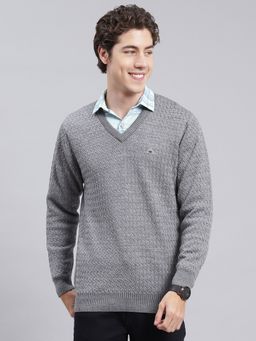 Monte Carlo - Mid Grey Self Design V Neck Pullover Sweater