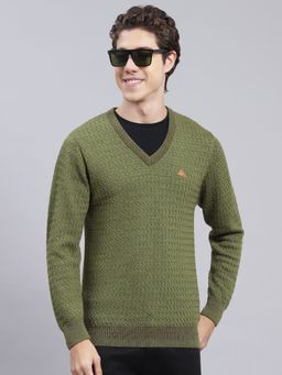 Monte Carlo - Green Self Design V Neck Pullover Sweater