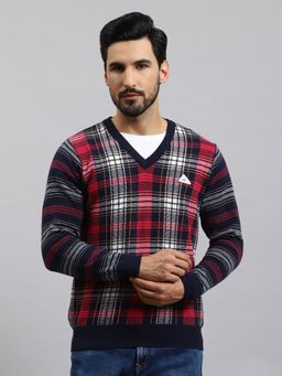 Monte Carlo - Navy Blue Check V Neck Pullover Sweater
