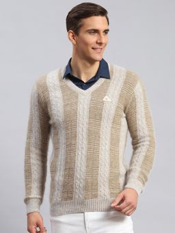 Monte Carlo - Light Brown Fawn Mix Striped V Neck Pullover Sweater