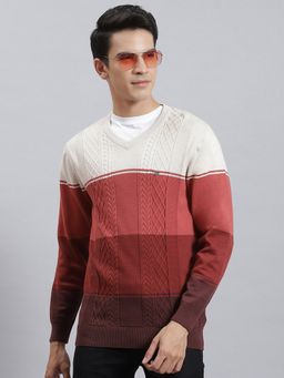Monte Carlo - Dark Rust Striped V Neck Sweater
