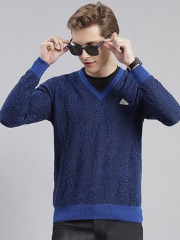 Monte Carlo - Royal Blue Self Design V Neck Sweater