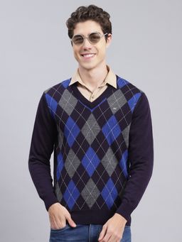 Monte Carlo - Navy Blue Woven V Neck Pullover Sweater