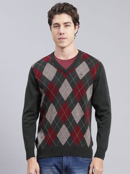 Monte Carlo - Olive Green Woven V Neck Pullover Sweater