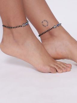 Aatmana - Set of 2 Silver Plated and Black Beaded Handcrafted Tortoise and Evil Eye Anklet