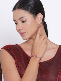 Aatmana - Gold Plated American Diamond and Ruby Studded Leaf Patterned Bracelet