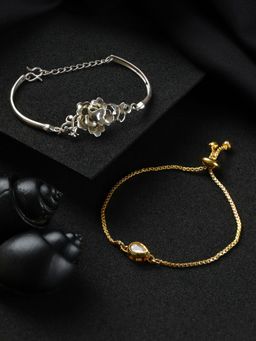 Aatmana - Set of 2 Gold Plated Kundan Studded and Silver Plated Floral Shaped Bracelet