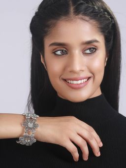 Aatmana - Women Silver Plated and Floral Style Oxidised Bangle Style Bracelet