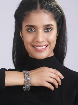 Aatmana - Floral Design and Filigree Work Oxidised Silver Plated Handcrafted Tribal Bracelet