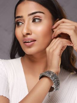 Aatmana - Oxidized Silver Plated and Blue Stone Antique Dome Shaped Bangle Style Bracelet