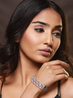 Aatmana - Silver Plated Pink American Diamond Studded Handcrafted Bangle Style Bracelet