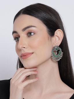 Aatmana - Green and Silver Toned Lotus Shaped Chandbalis Earrings