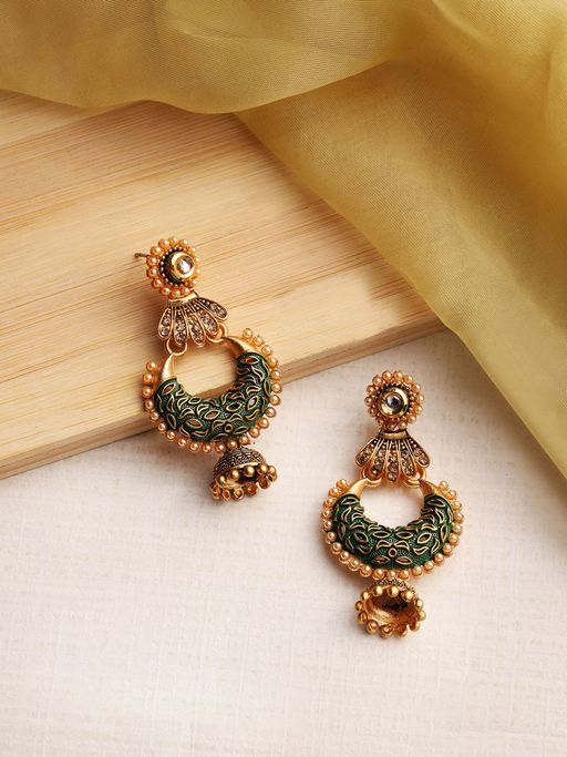 Aatmana Green and Gold Toned Dome Shaped Jhumka Earrings
