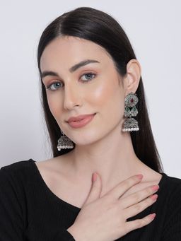 Aatmana - Silver Toned Ruby and Green Oxidised Classic Drop Jhumka Earrings
