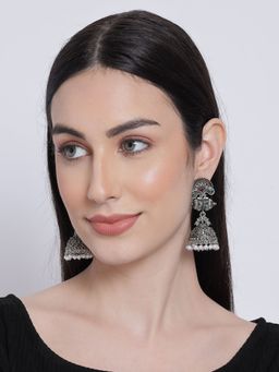 Aatmana - Oxidised Peacock Shaped Silver Plated Red and Green Stone and Beaded Jhumkas