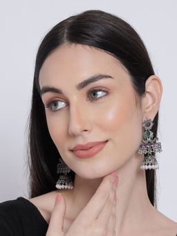 Aatmana - Pink and Green Oxidised Silver Plated German Studded and Beaded Jhumkas