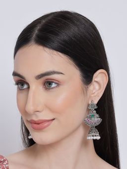 Aatmana - Pink Oxidized Silver Plated Dome Shaped Jhumkas