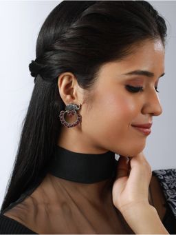 Aatmana - Oxidised Silver Toned and Elephant Shaped Handcrafted Red Stone Studded Chandbalis