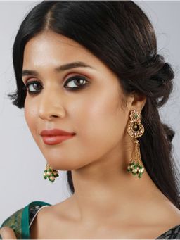 Aatmana - White and Green Classic Beads and Kundan Studed,Gold Plated Chandbali Earrings
