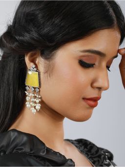 Aatmana - Silver Toned Yellow Stone and Ad Studded Contemporary Drop Earrings