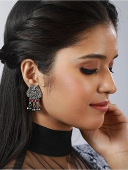 Aatmana - Oxidised Silver Toned ,Red Stone Studded Contemporary Owl Shaped Drop Earrings