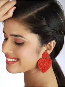 Aatmana - Handwoven Beads and Red Heart Shaped Contemporary Design Handcrafted Drop Earrings