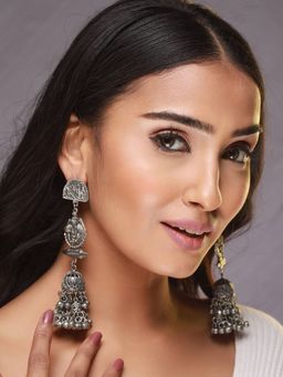 Aatmana - Gunmetal Toned and Silver Plated Dome Shaped Jhumkas Earrings