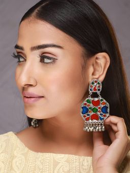 Aatmana - Oxidized Silver Toned Multicoloured Enamelled Contemporary Drop Earrings