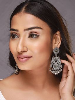 Aatmana - Silver Toned ,Red and Green Kundan Studded Peacock Shaped Chandbali Earrings