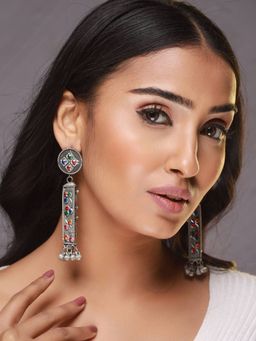 Aatmana - Silver Toned Muti Color Stone Studded Ghungroo Drop Earrings