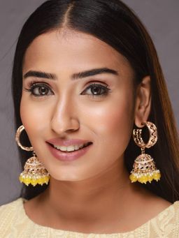 Aatmana - Rose Gold Plated Ad Studded Yellow and White Beaded Jhumka Earrings