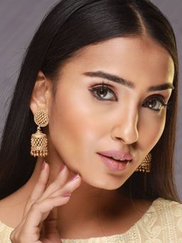 Aatmana - Yellow Gold Plated and Beaded Contemporary Jhumka Earrings