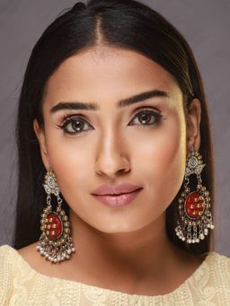 Aatmana - Dual Toned White Kundan Studded and Pearl Beaded Orange Chandbalis Earrings