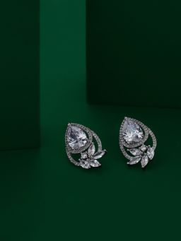 Carlton London - Premium Silver Toned Cubic Zirconia Studded Rhodium-Plated Stud Earrings