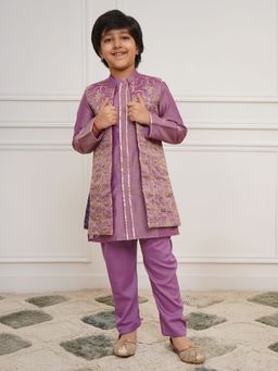 Vastramay - Boys Purple Tissue Embroidered Kurta and Jacket with Pyjama (Set of 3)